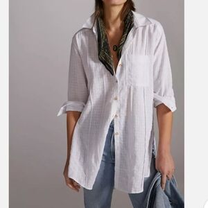 Anthropologie Collar Button Down Lightweight Top White CoverUp 3/4 Length Sleeve